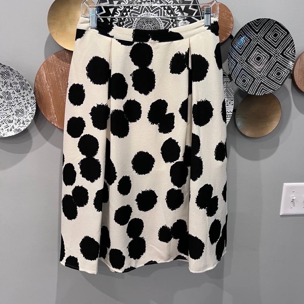 Who What Wear Womens 6 Cream Black Polka Dot Pleated A-Line Midi Skirt Lined
